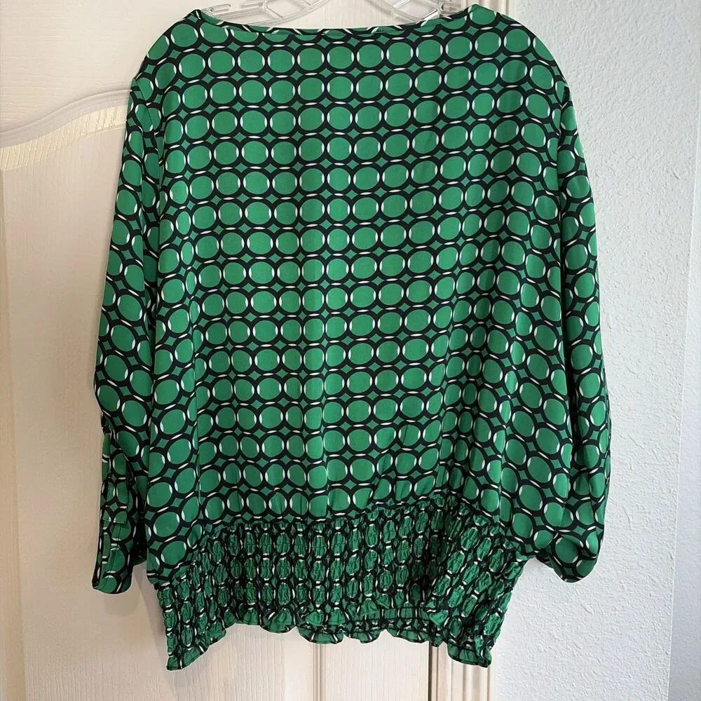 Michael Kors Womens XL Green Geometric Print Blouse Smocked Waist Long Sleeve
